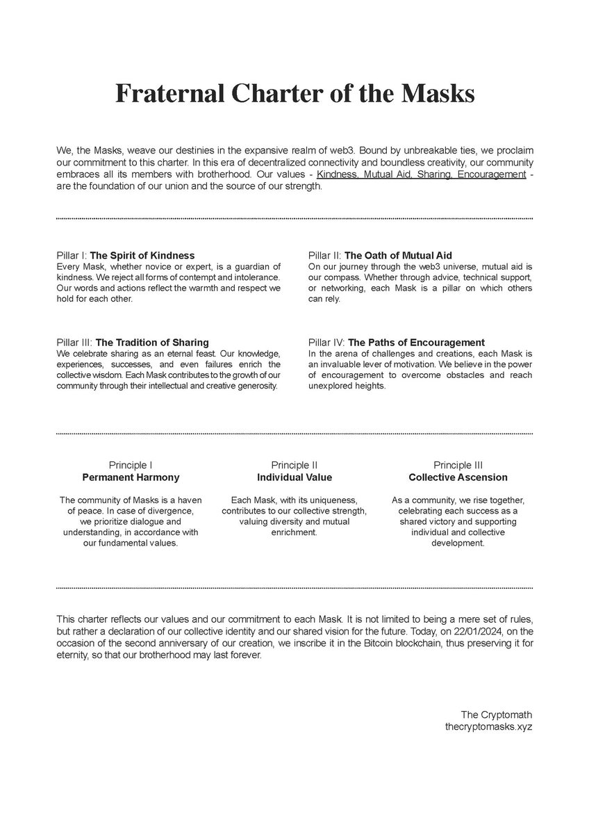 📣 On this special day, we proudly celebrate the second anniversary of our community with this Fraternal Charter of the Masks. An embodiment of our values and collective commitment, now forever immortalized on the Bitcoin blockchain at 16:08:45 UTC

ordinals.com/inscription/d2…