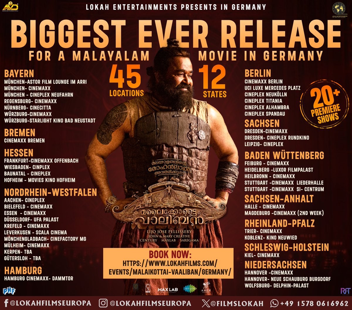 FilmsLokah's tweet photo. BIGGEST EVER RELEASE FOR A MALAYALAM MOVIE IN GERMANY
12 STATES, 45+ LOCATIONS, 20+ PREMIER SHOWS
BOOK NOW- https://t.co/AW2tRWA2nM
@FilmsRft @PharsFilm @aashirvadcine @AbGeorge_ @Cybersystems_oz @AVDAmerica @AVDCanada @AVDdxb @Mohanlal @MohanlalMFC @Southwoodoffl @OverseasTamil @Forumkeralam2 @MalayalamReview