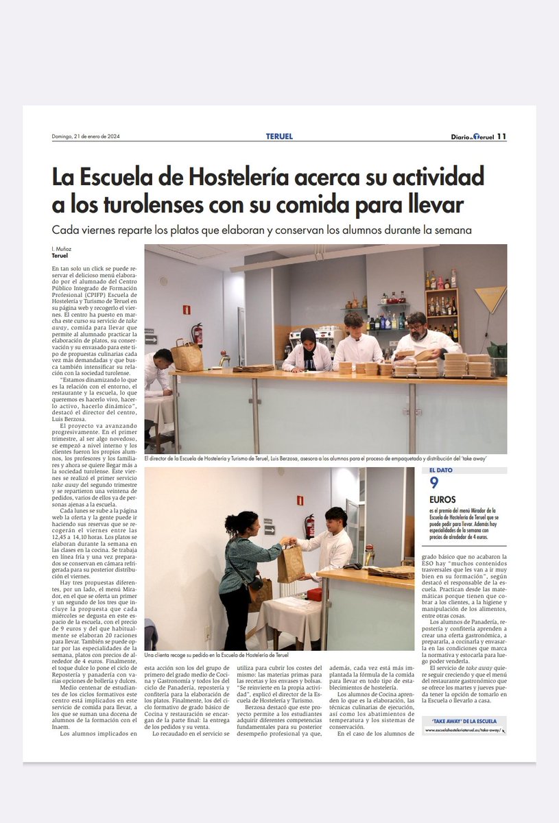 Escuela de Hostelería y Turismo de Teruel (@escuelahtteruel) on Twitter photo ¿Todavía no has probado nuestra cocina dulce y salada para llevar?
Los viernes vendemos las elaboraciones que realizamos para llevar. ¿Cómo hacerlo?
Reserva a lo largo de la semana en el siguiente enlace:
escuelahosteleriateruel.es/take-away/
Te esperamos.
📸 <a href="/diariodeteruel/">Diario de Teruel</a> ¿Todavía no has probado nuestra cocina dulce y salada para llevar?
Los viernes vendemos las elaboraciones que realizamos para llevar. ¿Cómo hacerlo?
Reserva a lo largo de la semana en el siguiente enlace:
escuelahosteleriateruel.es/take-away/
Te esperamos.
📸 <a href="/diariodeteruel/">Diario de Teruel</a>