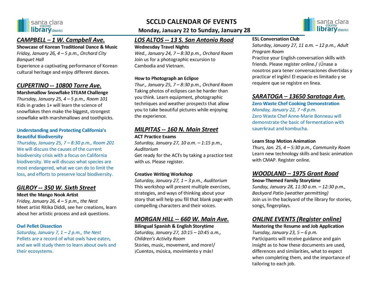Talk about a busy week in our libraries as we celebrate Silicon Valley Reads and Lunar New Year a little early! Please note: Silicon Valley Reads programs are highlighted in blue. Find our full calendar at sccld.org/events See you at the library!