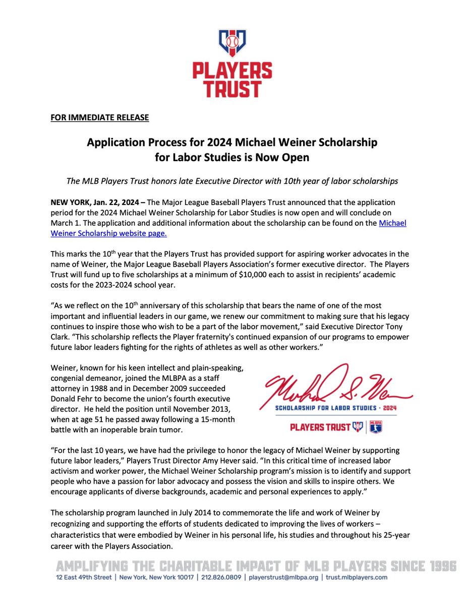 MLBPA_News's tweet image. FOR IMMEDIATE RELEASE

Application Process for 2024 Michael Weiner Scholarship for Labor Studies is Now Open

The MLB Players Trust honors late Executive Director with 10th year of labor scholarships: trust.mlbplayers.com/michael-weiner…