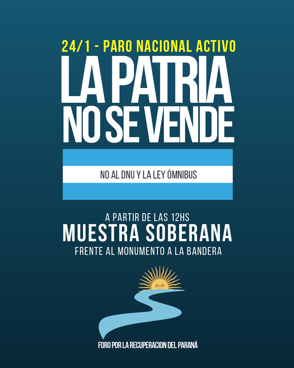 LuOrellanoSF's tweet photo. 24N LA PATRIA NO SE VENDE Abajo el DNU y la Ley Ómnibus.
👉🏻 Este miércoles desde el Foro por la Recuperación del Paraná vamos a acompañar con toda nuestra fuerza el paro y la movilización.
Vamos a contribuir con una muestra soberana con gigantografías de nuestras causas soberanas https://t.co/7VFNxJpgZn
