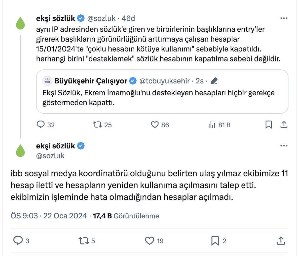Ekşi Sözlük aynı IP'den Ekrem İmamoğlu adına algı çalışması yapan 11 hesabı tespit edip kapatmış. (Hayret) Yani Ekrem İmamoğlu'nun troll ekibinin bir kısmını bizzat Ekşi Sözlük ifşa etmiş. Dahası İmamoğlu propagandası yapan bu hesaplar kendi şahsi ekibi ya da CHP tarafından değil