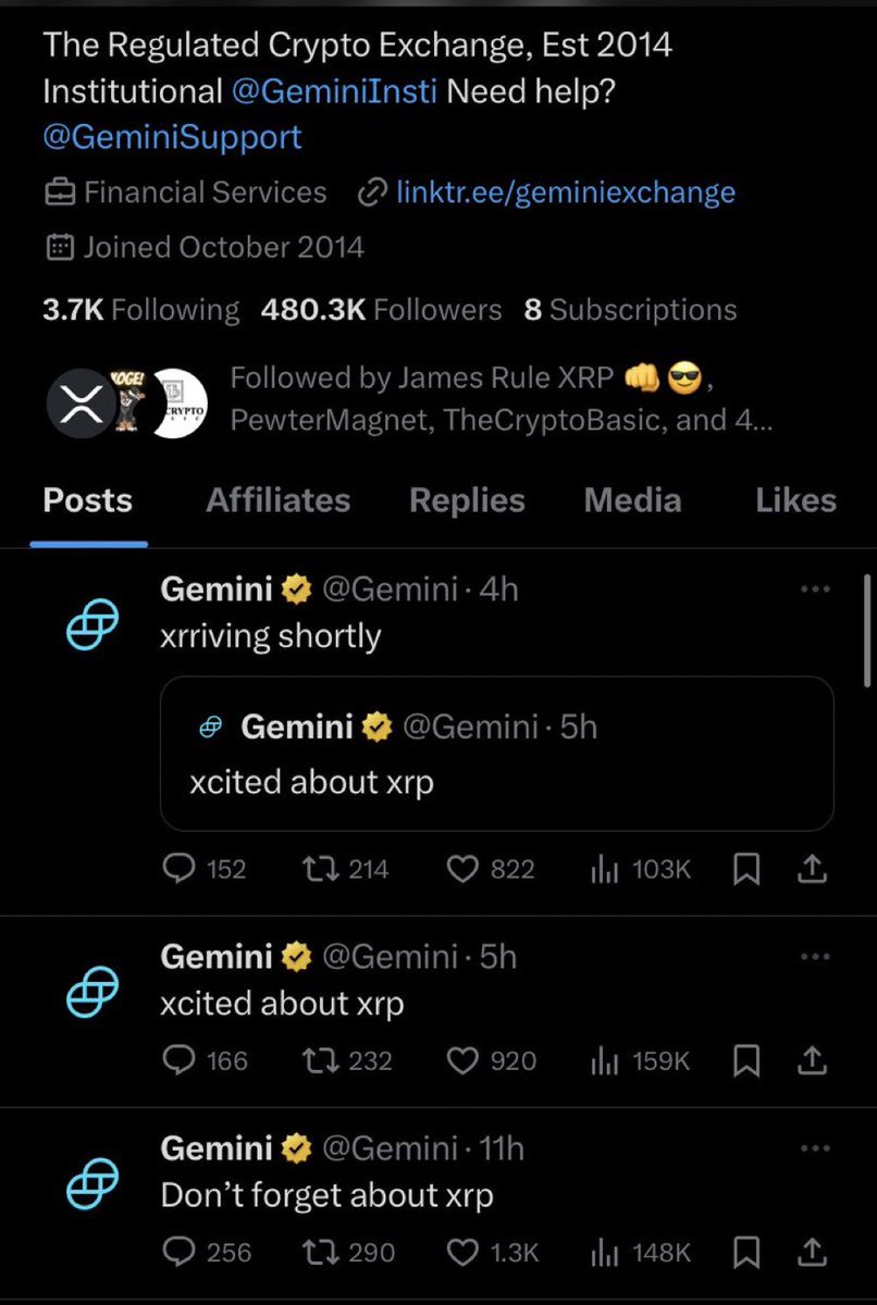 What's the deal with <a href="/Gemini/">Gemini</a> tweeting about $XRP 4 consecutive times in a row earlier today?

I think I must be missing something 😂

We finally going to the moon, Gemini? 👀 
Thoughts 💭 below👇