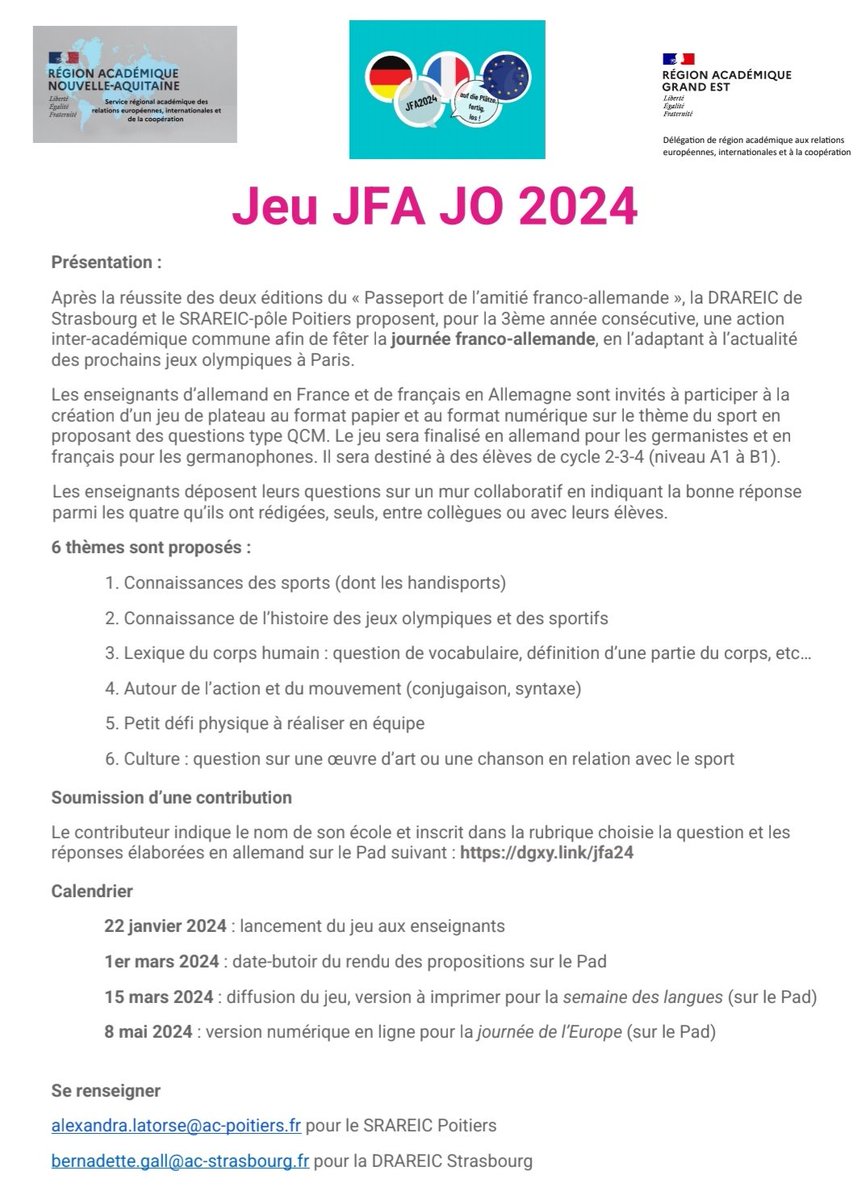 franceallgne's tweet photo. Lancement pour la #JFA2024 🇨🇵🇩🇪du jeu interacadémique  @acpoitiers @RANouvAquitaine   @acstrasbourg @RA_GrandEst  , pour découvrir comment participer ⤵️
https://t.co/Uv2xCxSGLS
@BndicteRobert @OlivierFaron @SRAREICPoitiers @GallBerna https://t.co/a5lLpL2DDW