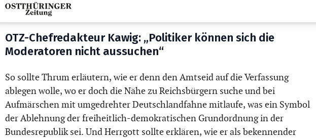 Der #NoAfD-Landratskandidat im #SaaleOrlaKreis Uwe Thrum sagt einen Tag vorher seine Teilnahme am morgigen Wahl-Duell der @otzonline ab. Der Grund: Die Presse hat angefangen, seine Nähe zu Reichsbürgern zu thematisieren, die durch Recherchen von uns und @ostdivan öffentlich wurde