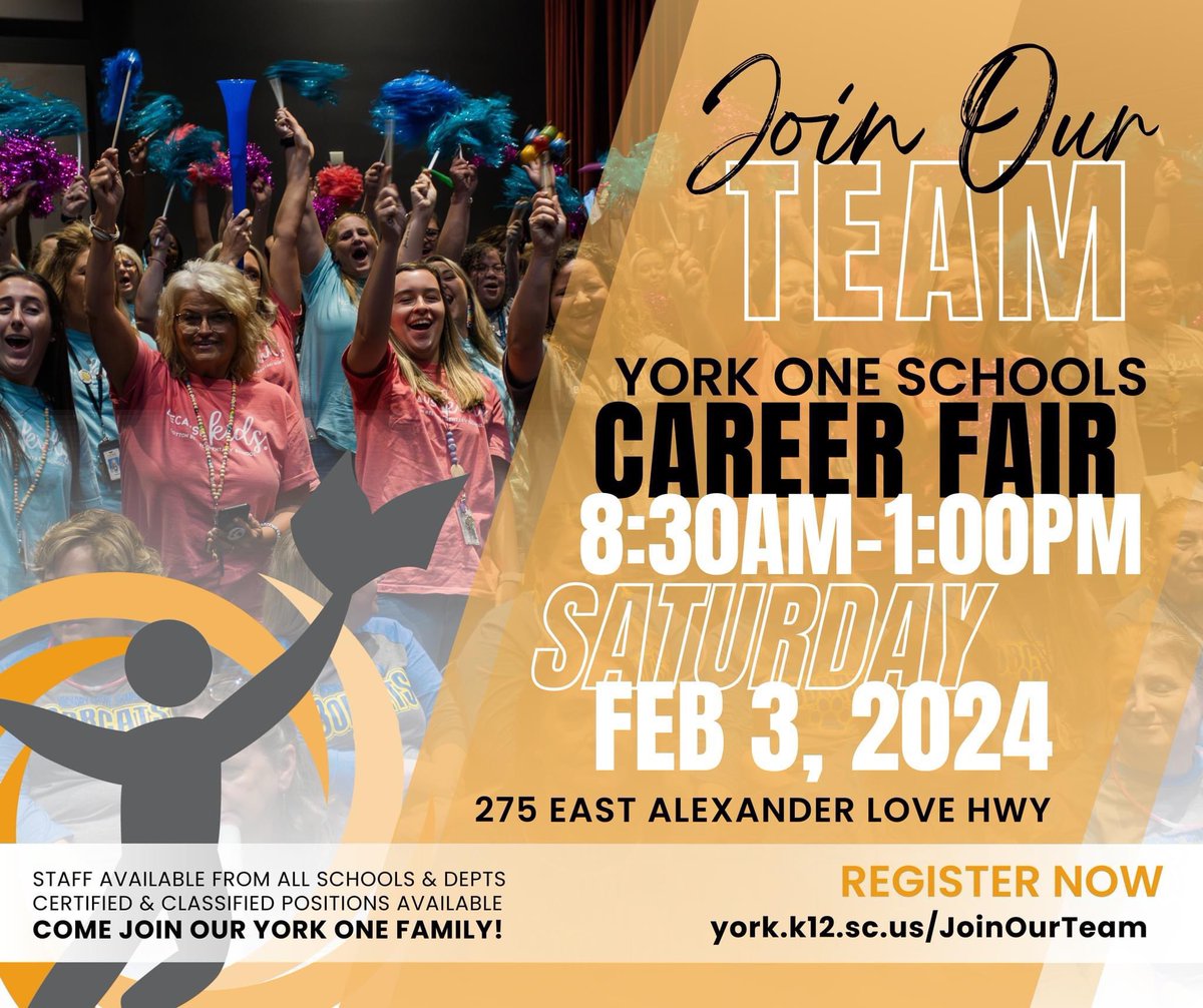 Want to be a part of a 𝘾𝙊𝙉𝙉𝙀𝘾𝙏𝙀𝘿 team of passionate educators? Join YSD1 for our 𝟮𝟬𝟮𝟰 𝗖𝗔𝗥𝗘𝗘𝗥 𝗙𝗔𝗜𝗥 on 𝗙𝗘𝗕 𝟯, 𝟮𝟬𝟮𝟰, 𝟴:𝟯𝟬𝗔𝗠-𝟭:𝟬𝟬𝗣𝗠!

For more information and to register for the event visit york.k12.sc.us/JoinOurTeam #ConnectedasONE