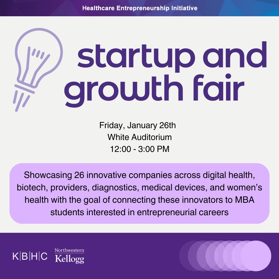 KelloggBHC's tweet photo. Join us for the Startup &amp; Growth Fair (SGF) this Friday, January 26th at the Global Hub. You’ll have the unique opportunity to network with leaders from 25+ innovative startups. SGF is free for Kellogg students and Kellogg Business of Healthcare Conference ticket holders. https://t.co/s8zpN0XeEo