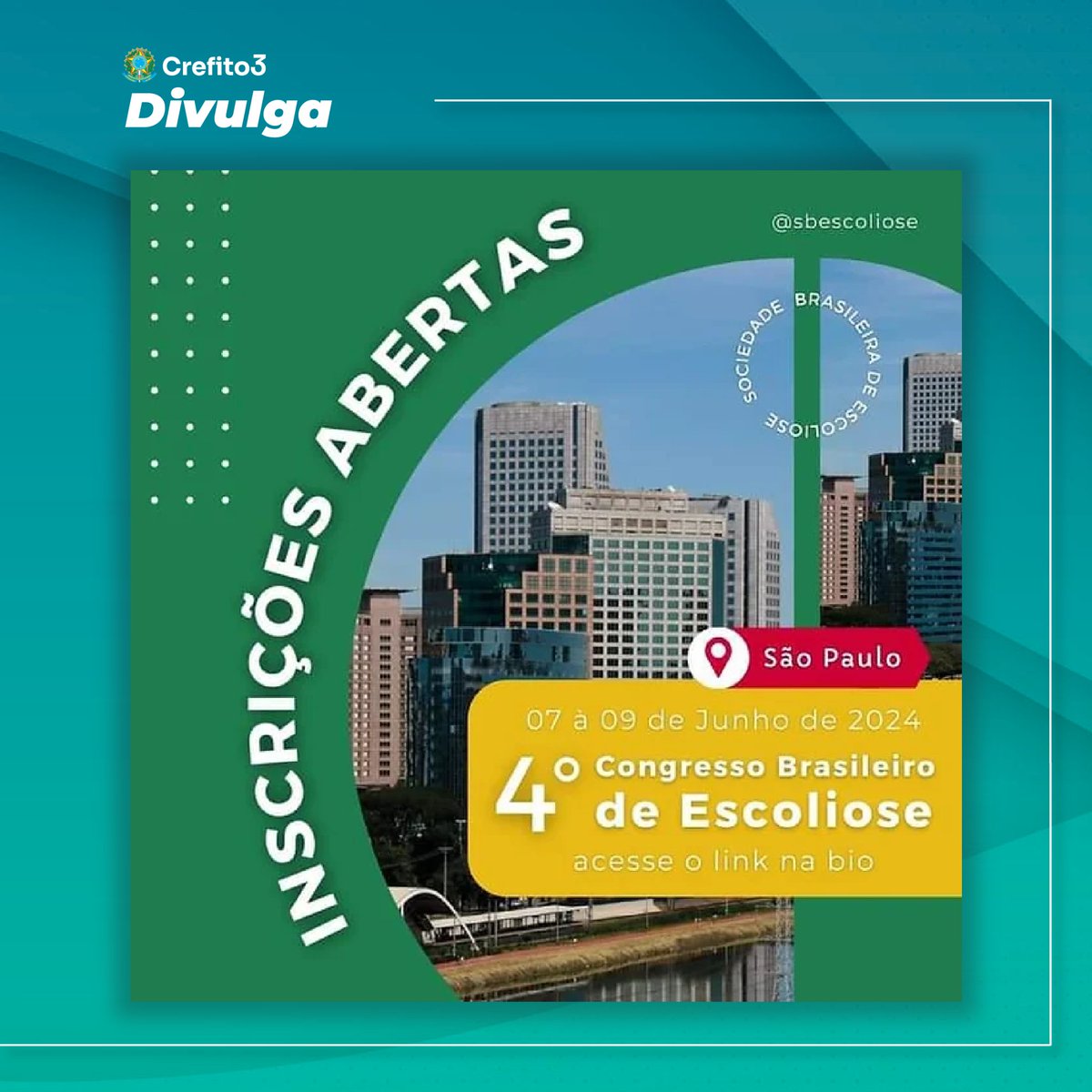 crefito_3's tweet photo. 📅👥 4º Congresso Brasileiro de Escoliose: Participe do evento
Nos dias 07, 08 e 09 de junho de 2024, em São Paulo, será realizado o 4º Congresso Brasileiro de Escoliose.
O evento será realizado na modalidade híbrida - presencial e online.
(continua) https://t.co/oyITCuvgid