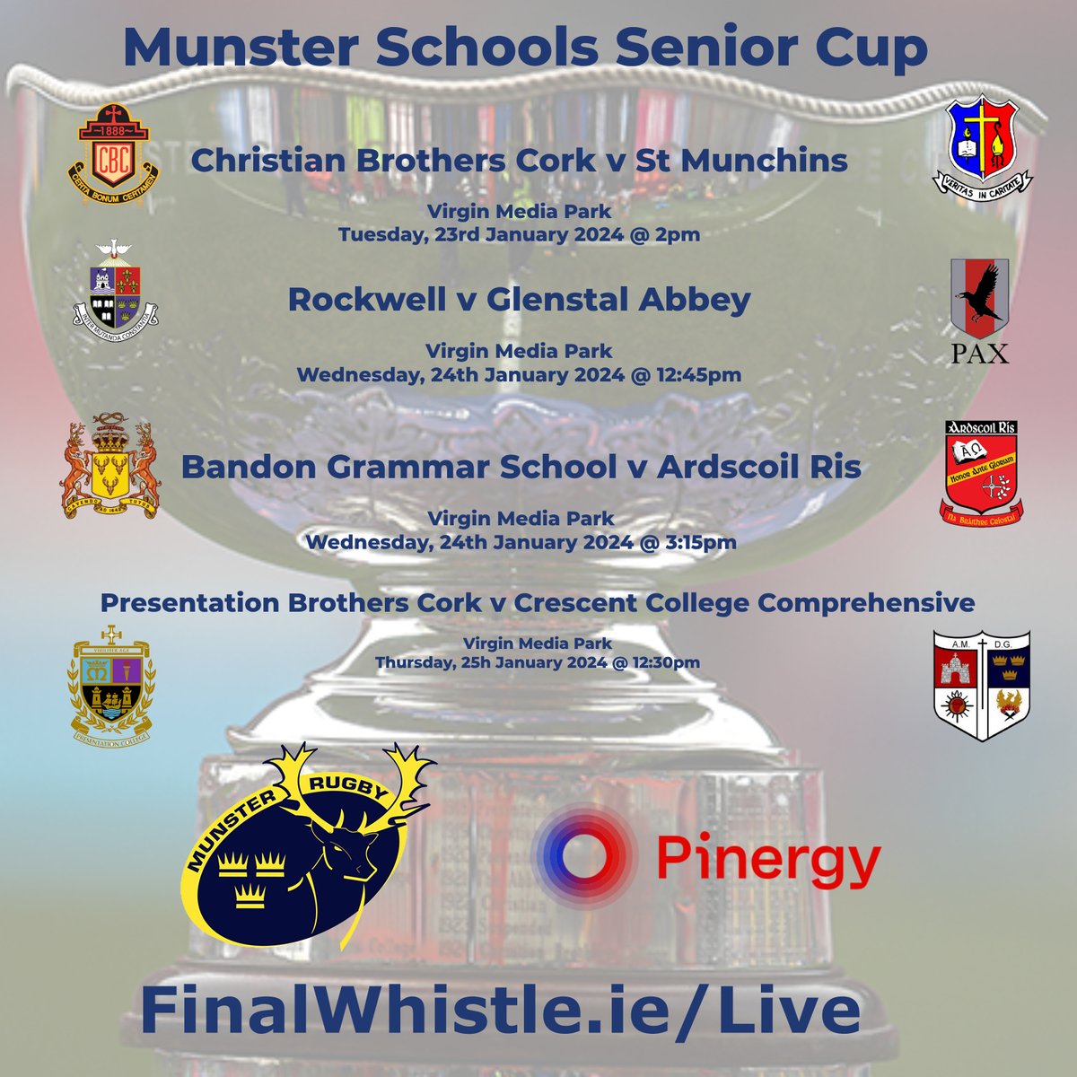 It promises to be a bumper week of action in the <a href="/Pinergy/">Pinergy</a> <a href="/Munsterrugby/">Munster Rugby</a> Schools Senior Cup at the newly named <a href="/VirginMediaIE/">Virgin Media Ireland</a> Park, with Semi Final Qualifiers and Quarter Final Eliminators to take place this week.

Tomorrow will see action from SFQ2 between <a href="/CBC_rugby/">CBC Rugby</a> and