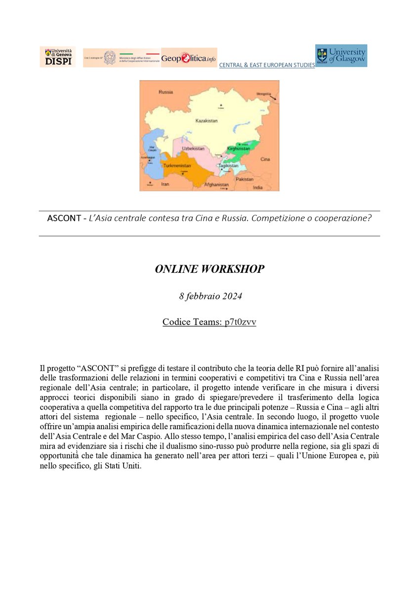 Mara_Morini's tweet photo. Save the date! Our first workshop online on Central Asia between #Russia and #China for #MAECI project #ASCONT
@ItalyMFA @UniGenova @Geopoliticainfo @anceschistan  #researchteam https://t.co/5v7x4Oymfe