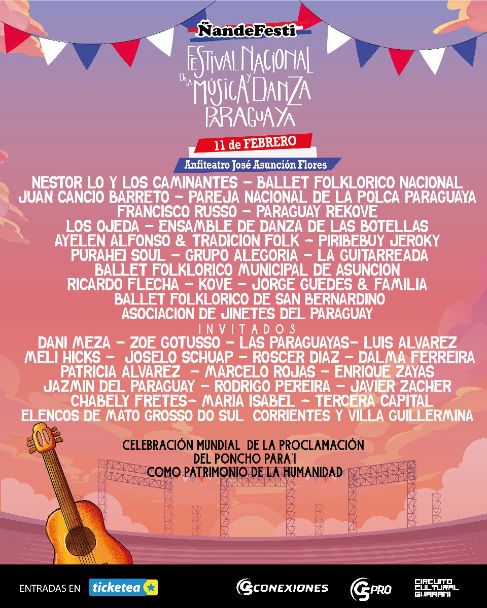 El 11/02 el Anfiteatro José Asunción Flores de San Bernardino se convierte en el epicentro del folclore y la tradición con el primer Ñande Festi 🎉🇵🇾

Un festival único con música, danza y tradición. 🎶🇵🇾

Entradas en <a href="/TicketeaPy/">Ticketea Paraguay</a> #ÑandeFesti #FolkloreParaguayo #TradiciónCultural