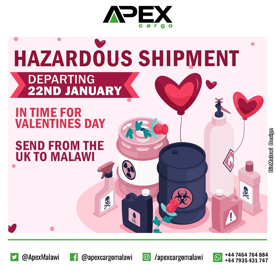 ApexMalawi's tweet photo. Hazardous Shipment departing on 22nd January! Get your goods delivered just in time for Valentine's Day. Spoil your loved ones with dazzling gifts!
Contact us today at:
📷 0999 844 515 (MW)
📷 00447935431747 (UK)
#ApexMalawi
#SeaFreight
#valentinesgifts https://t.co/3aglQXQoP9