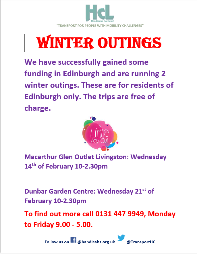 TransportHc's tweet photo. EDINBURGH PASSENGER UPDATE 🙌❤️
WINTER Outings
We have successfully gained some funding in Edinburgh and are running 2 winter outings. These are for residents of Edinburgh only. The trips are free of charge.
#communityconnecting
#ootandaboot https://t.co/4xR6J2XII6