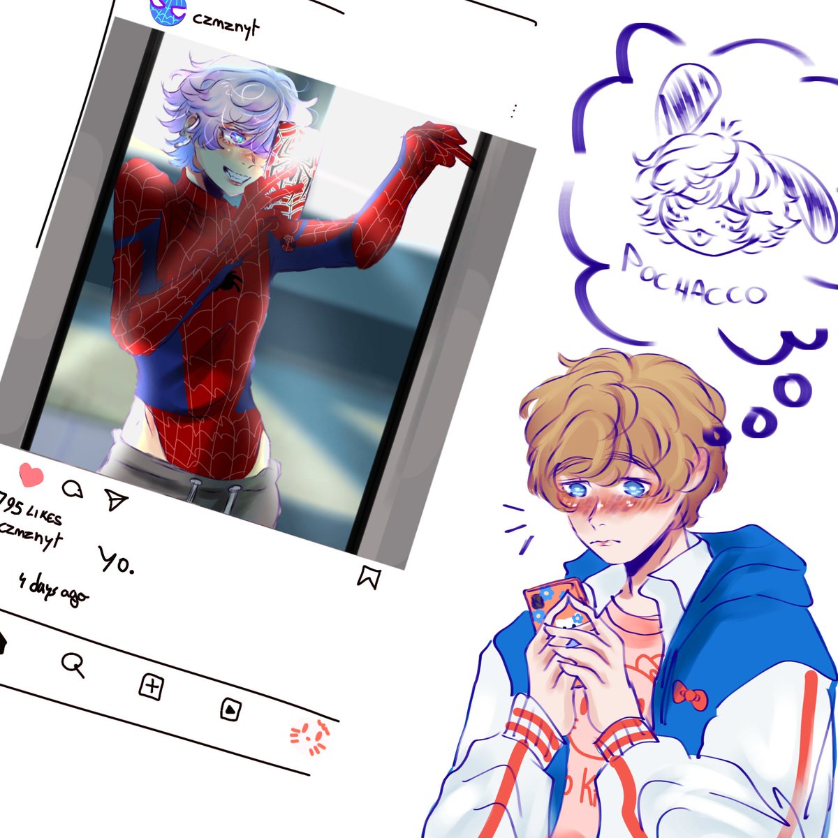 Yayamiouts's tweet photo. Shiki trying to assign his campus crush a Sanrio character based off his cringy IG gurl profile 

#ParadoxLive #パラライ #パラライファンアート #なゆしき https://t.co/9UeYgsOgj7