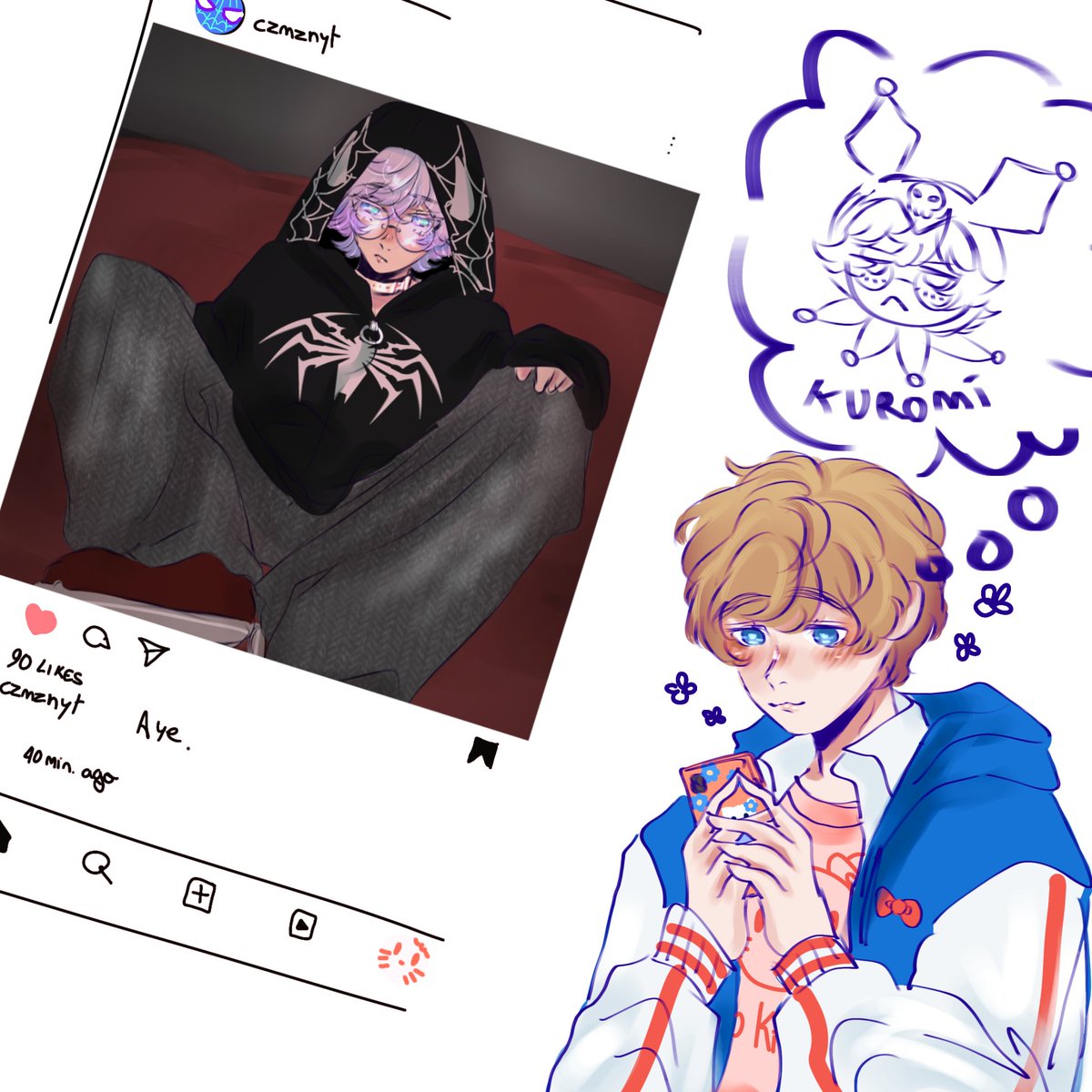 Yayamiouts's tweet photo. Shiki trying to assign his campus crush a Sanrio character based off his cringy IG gurl profile 

#ParadoxLive #パラライ #パラライファンアート #なゆしき https://t.co/9UeYgsOgj7