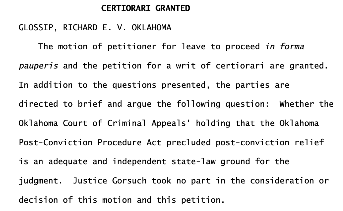 NEW: The Supreme Court officially takes up the case of Richard Glossip, the death row inmate with a strong claim of innocence. Oklahoma's high court wants him to be executed, while Oklahoma's attorney general does not—a highly unusual conflict. supremecourt.gov/orders/courtor…