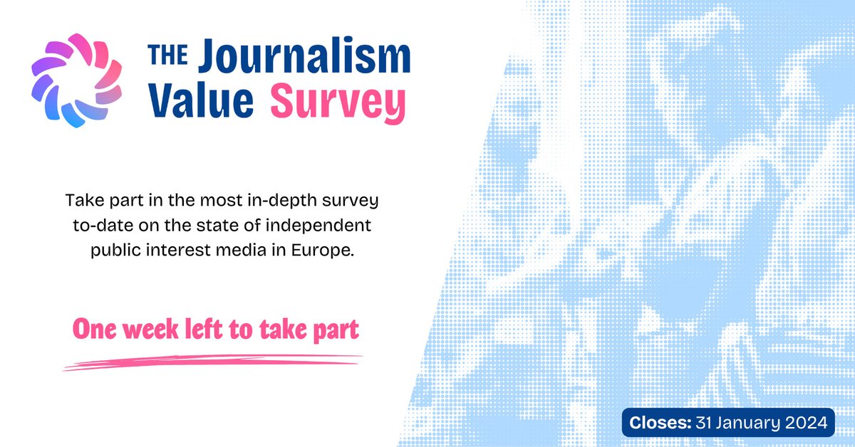 There's just 1 week left to take part in the Journalism Value Survey!

This is a survey run by and for European independent media. 

Take part to help us all understand the sustainability of the sector, and what support it needs.

Survey 👉 journalismvalueproject.com