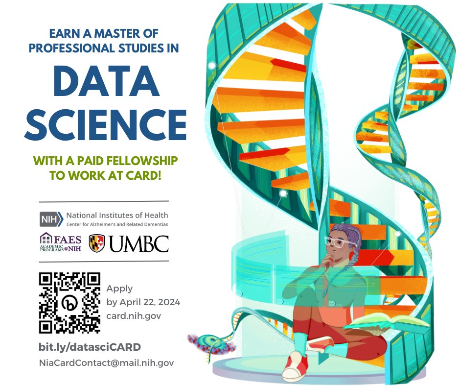 Are you interested in #DataScience and #Alzheimer’s disease? The Center for Alzheimer's and Related Dementias (CARD) has a new Master of Professional Studies (MPS) in Data Science Fellowship. Learn more and apply by April 22, 2024: card.nih.gov/job-training-o…