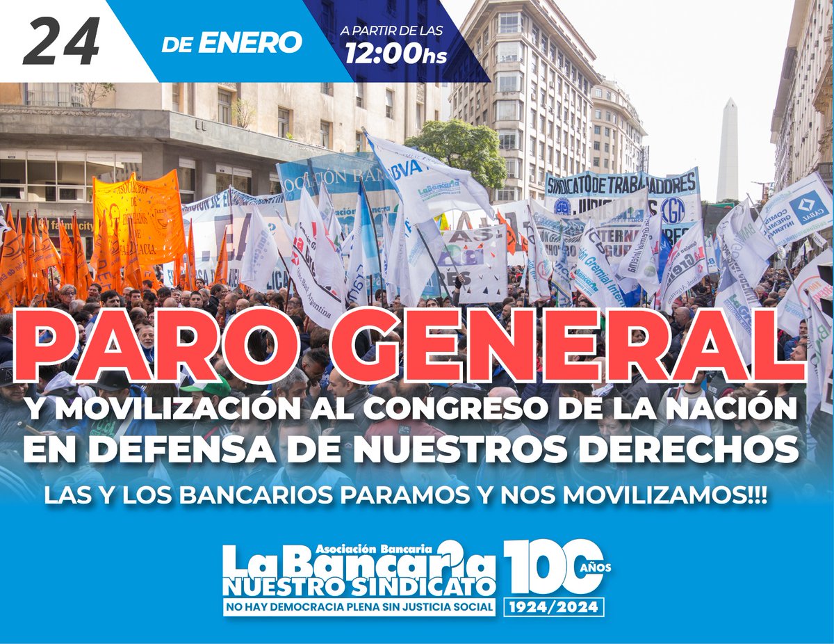 La_Bancaria's tweet photo. 24 DE ENERO - PARO GENERAL

✋🏻 La Asociación Bancaria adhiere al plan de lucha dispuesto por la Confederación General del Trabajo.

Info 👉 https://t.co/DOf6h6zbtX https://t.co/CQnTODyv8g