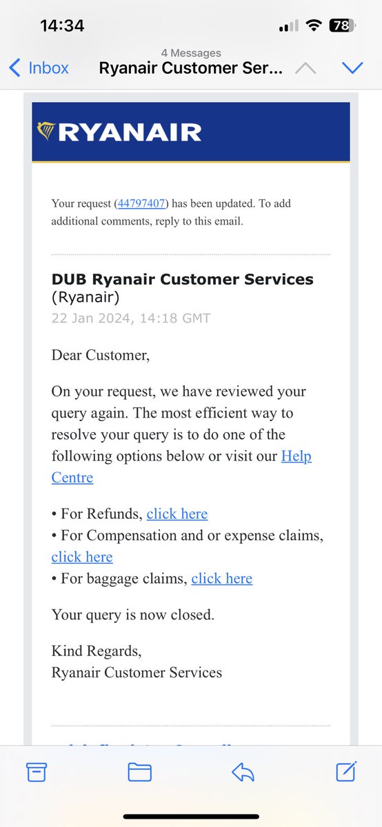 roisinjh's tweet photo. @Strathmartine @Izzinatah @Terrell_afc @Ryanair @guardian @DailyMirror And this is my response to my complaint to customer care. Fabulous. https://t.co/RaCETayQWT