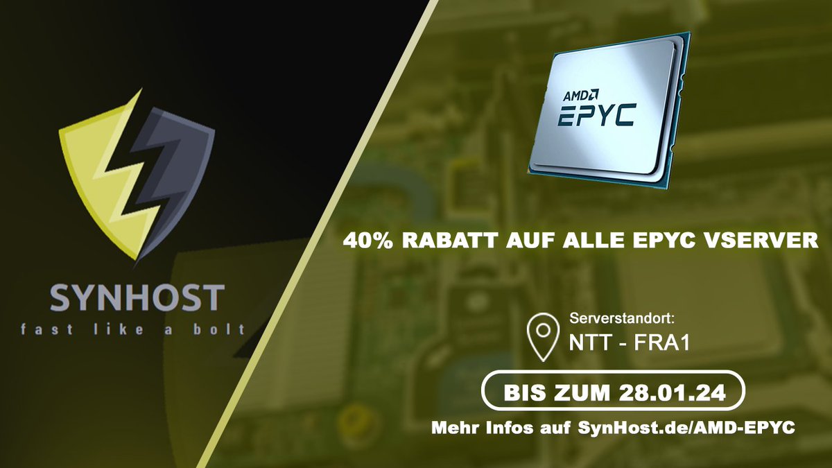 SynHost_de's tweet photo. 🔥AMD EPYC-WEEK🔥

Sichere dir 40% Rabatt auf alle AMD EPYC KVM vServer bis zum 28.01.24!

• 🚀 bis zu 64GB DDR4 ECC RAM
• ⚙️bis zu 8 vCores
• 💾bis zu 180GB SSD Speicherplatz
• 🛡️ Inklusive Premium DDoS Protection &amp; Fair-Use Traffic
•🇩🇪 Standort: NTT - FRA1
Jetzt zuschlagen https://t.co/P0tZZoXEni
