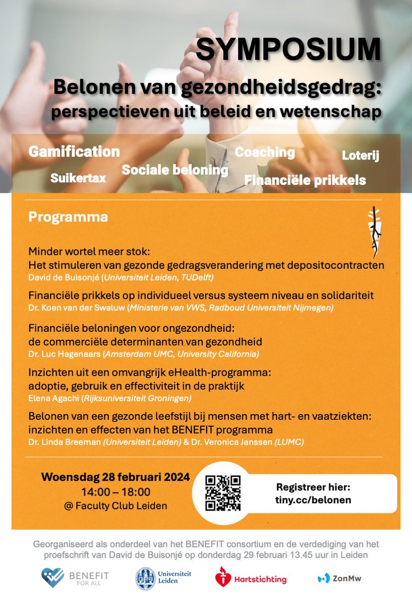 Stimuleer gezonde leefstijl via beloningen. In dit symposium delen wetenschappers en beleidsmakers de nieuwste inzichten over het gebruik van beloningen voor gezondheidsverbetering. Meld je aan! tiny.cc/belonen