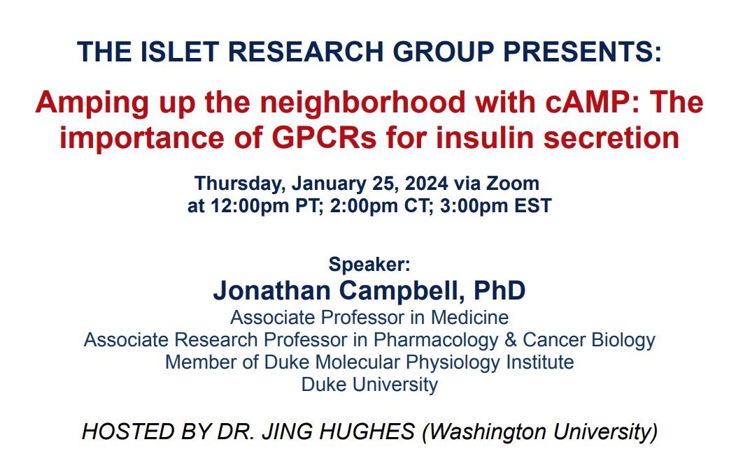This Thursday - @JCampbellLab talking about GPCR agonism in beta cells - it's all about cAMP in insulin secretion.