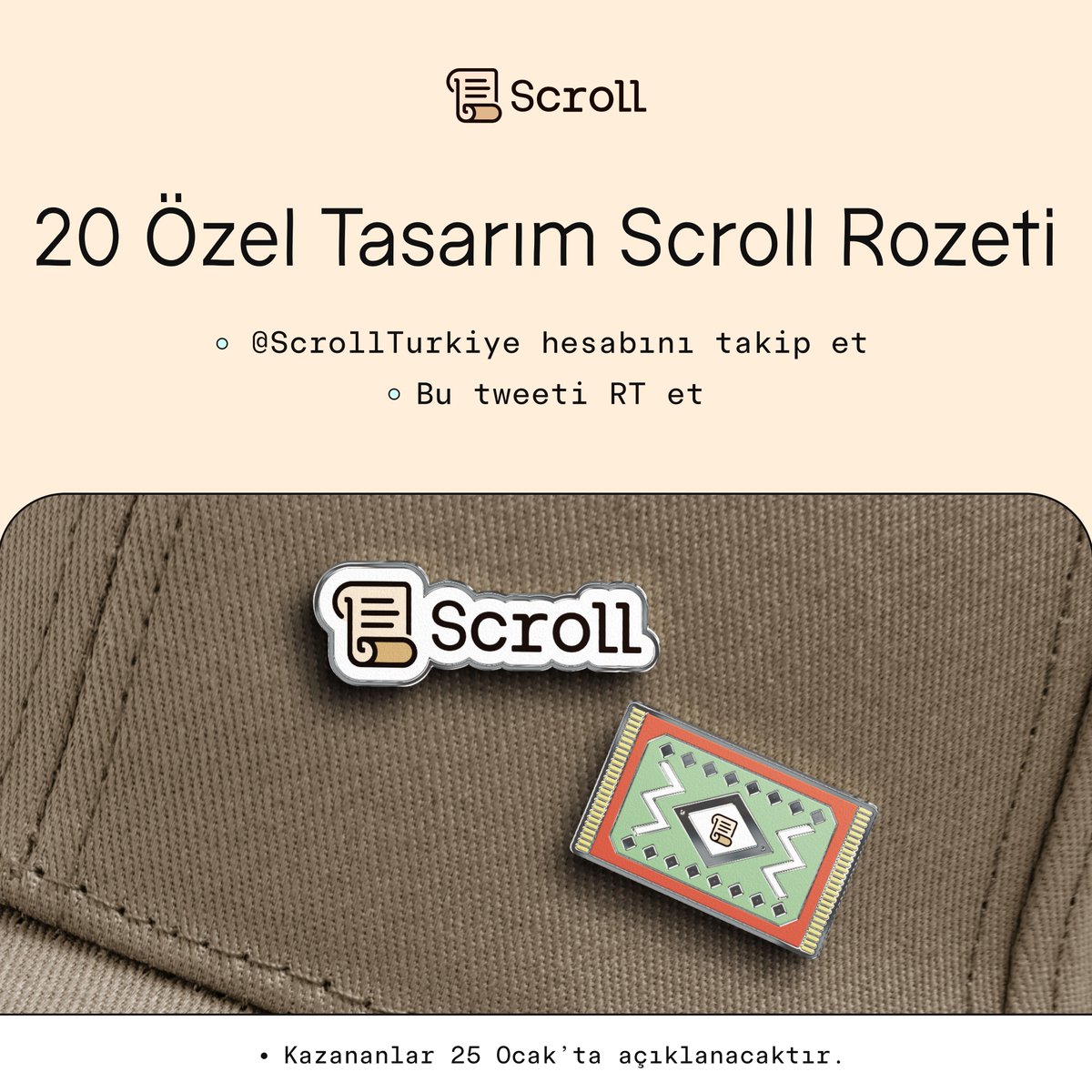 Bu rozetler, çantalarınıza çok yakışacak! 🥳

Hesabımızın 3. kez tekrardan açılmasını kutlamak için 20 adet özel tasarım Scroll rozeti hediye ediyoruz! 🎉

Katılmak için:  
👀 <a href="/ScrollTurkiye/">Scroll Türkiye</a>'yi takip et 
♻️ Bu tweeti RT et

* 25 Ocak günü kazananlar açıklanacaktır.