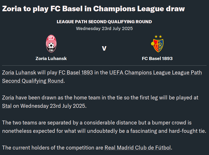SeanAmblerFM24's tweet photo. We enter the #ChampionsLeague League Path Second Qualifying Round where we draw #Swiss side @FCBasel1893🇨🇭
@ZoryaLondonsk @FCZoryaOfficial #FM24 #FCZorya #FCBasel #UCL #Luhansk #Kyiv #Ukraine #Basel 🇺🇦 https://t.co/cA832aXFn7