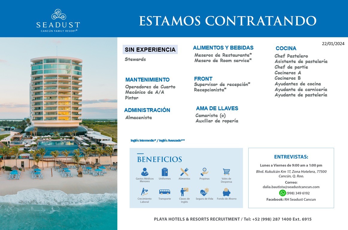 TuRadioCROC's tweet photo. Excelente inicio de semana 
¡ En Hotel #Seadust Necesitan de tu talento  !
Aquí te dejamos la información de las vacantes  para que te comuniques en caso de requerir más datos al respecto: 

#RadioCROC https://t.co/IkjJrG9ZqG