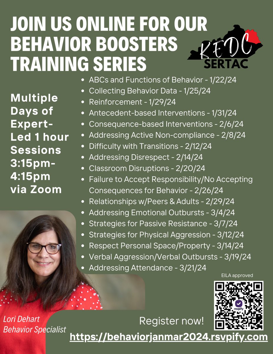 Join us for a series of 1 hour online mini-sessions on behavior offered right after school. Open to all.
Flyer: bit.ly/BehaviorBooste…
Registration: BehaviorJanMar2024.rsvpify.com