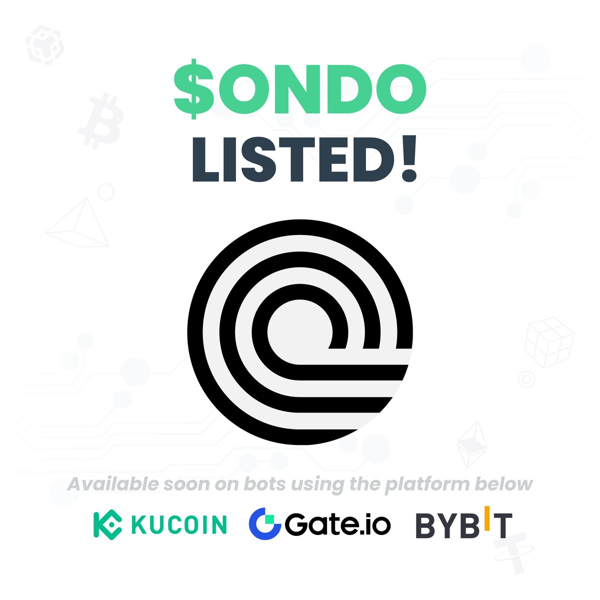 smart_cryptobot's tweet photo. A new coin joins ByBit, https://t.co/lMZYWV8g9N and KuCoin!

$ONDO's goal is to improve market efficiency, transparency, and accessibility. ONDO is a token that is backed by a portfolio of tokenized real estate assets. This means that when you invest in ONDO, you're not just... https://t.co/iQgUMFYmy8