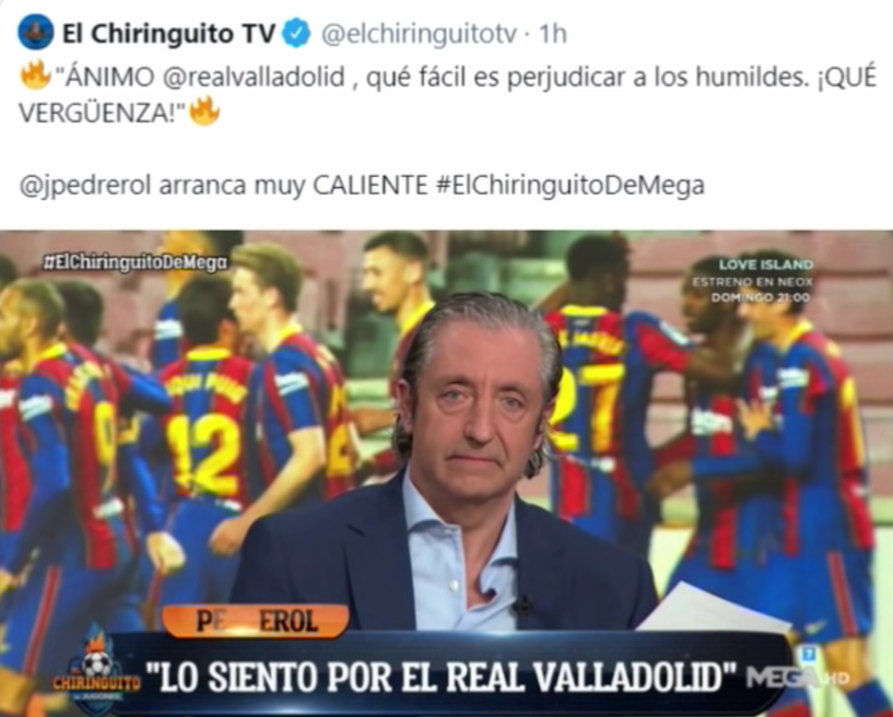 CuentaMister's tweet photo. En partido donde no existió polémica alguna (la mano de Jordi Alba no era mano, y era roja por entrada por detrás a Dembélé) esto decía Pedrerol en el programa madridista de Ferreras

Ayer al Almería CON VAR, le hacen el robo más escandaloso de la historia, no dice nada https://t.co/A4QC54exTZ