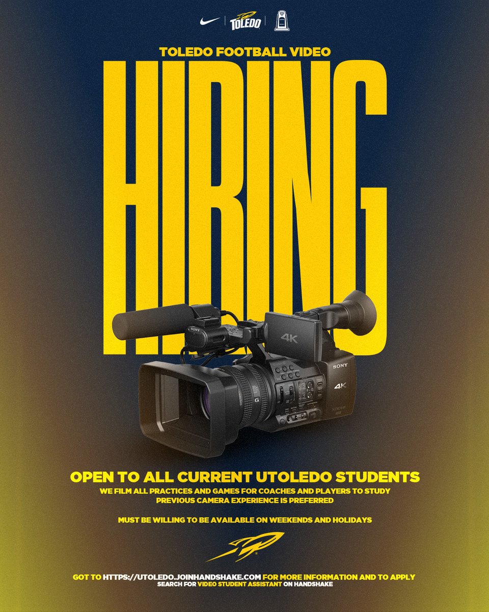 ToledoFB's tweet photo. ATTENTION ALL STUDENTS!!

We have open positions in both our Coaches Film and Athletic Training staffs! Go to https://t.co/S86G4YY5Lg to learn more about the jobs and apply!

#TeamToledo https://t.co/LIx5Rl3RUj