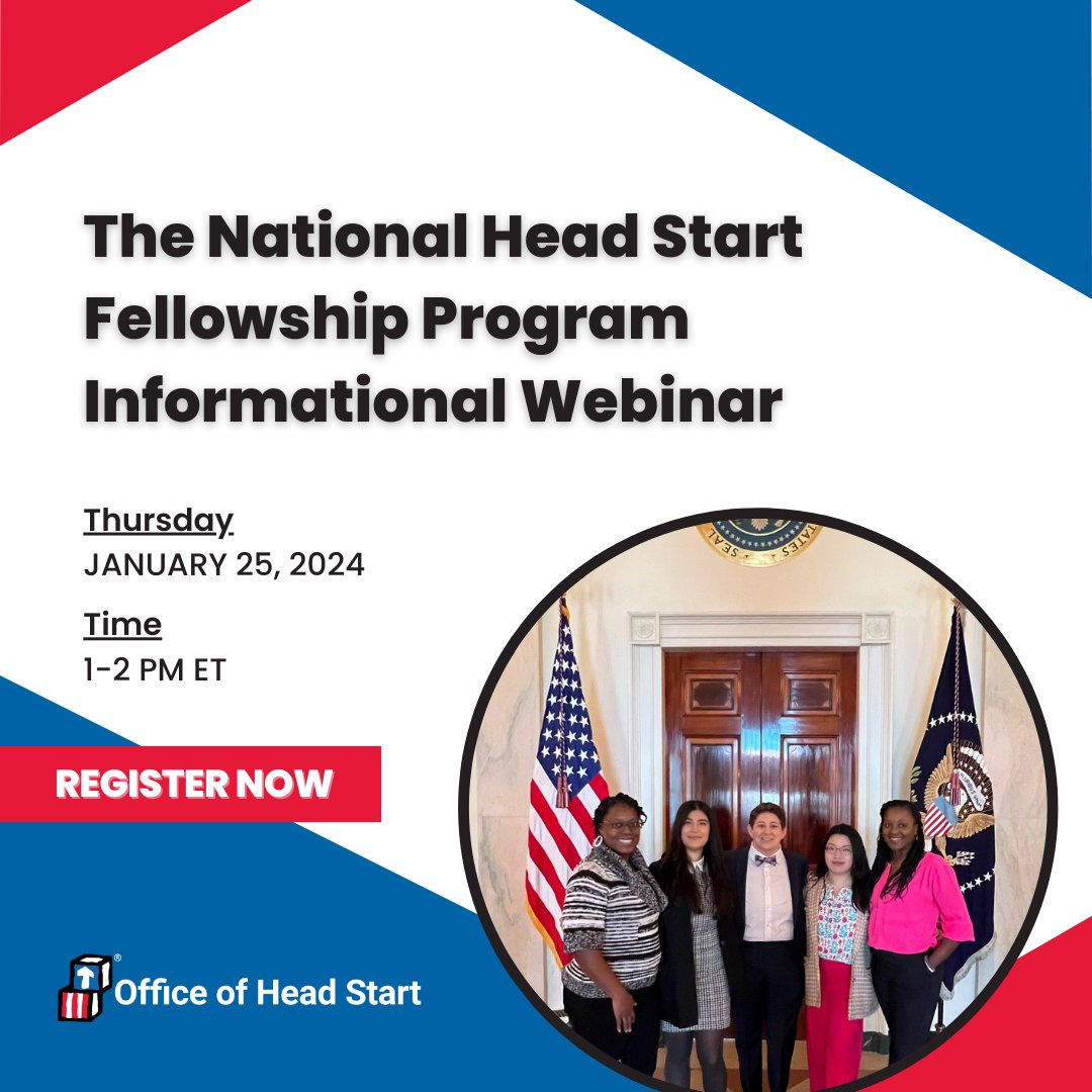 HeadStartgov's tweet photo. Attention all early childhood professionals! Don't miss our Informational Webinar on January 25, 2024, from 1-2 pm ET, where we'll discuss the National Head Start Fellowship and how it can support your leadership development.

Register now: https://t.co/u9ROpvt2Ef https://t.co/9DkXVi66He