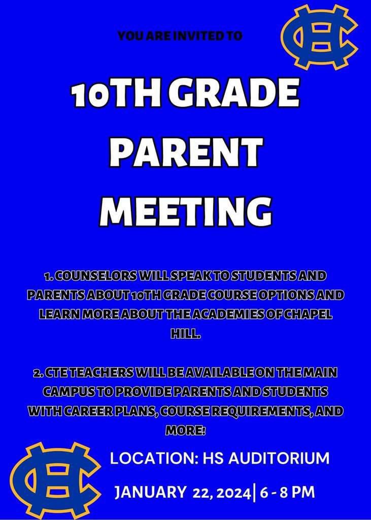 Hey Freshman! 🗣️

Please join us this evening in the HS auditorium for our 10th Grade Parent Meeting! Your counselors will explain more about your class options for your sophomore year and CTE teachers will be available to answer questions about their pathways.