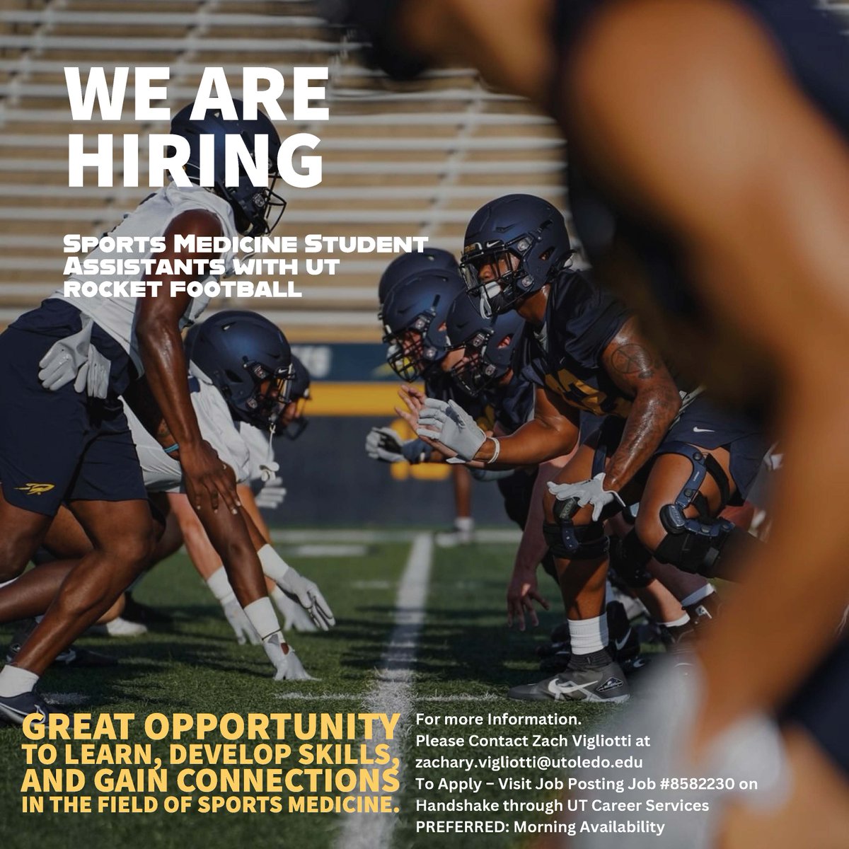 ToledoFB's tweet photo. ATTENTION ALL STUDENTS!!

We have open positions in both our Coaches Film and Athletic Training staffs! Go to https://t.co/S86G4YY5Lg to learn more about the jobs and apply!

#TeamToledo https://t.co/LIx5Rl3RUj