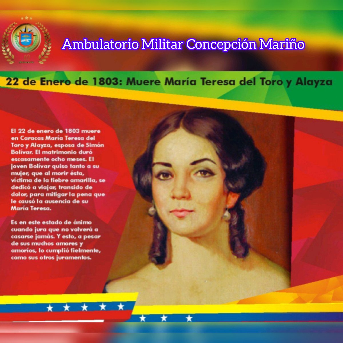 #22deEnero
Víctima de la fiebre amarilla, el 22 de enero de 1803, muere en Caracas María Teresa del Toro y Alayza, esposa de Simón Bolívar.
#RedSanitariaMilitar
#ambumilcm