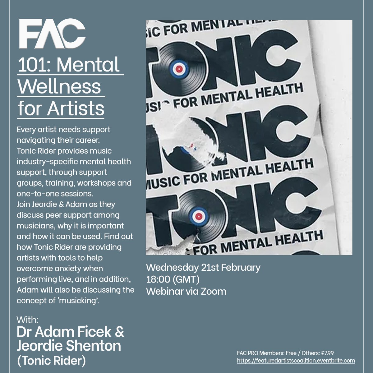 🎶Every artist needs support navigating their career

🗓️ Wed 21st Feb
🕐 18:00 GMT
📍 Online

Join Jeordie &amp; Adam as they discuss peer support among musicians &amp; how Tonic Rider are providing artists with tools to help overcome anxiety.

🔗Register now: bit.ly/3u1zlLg