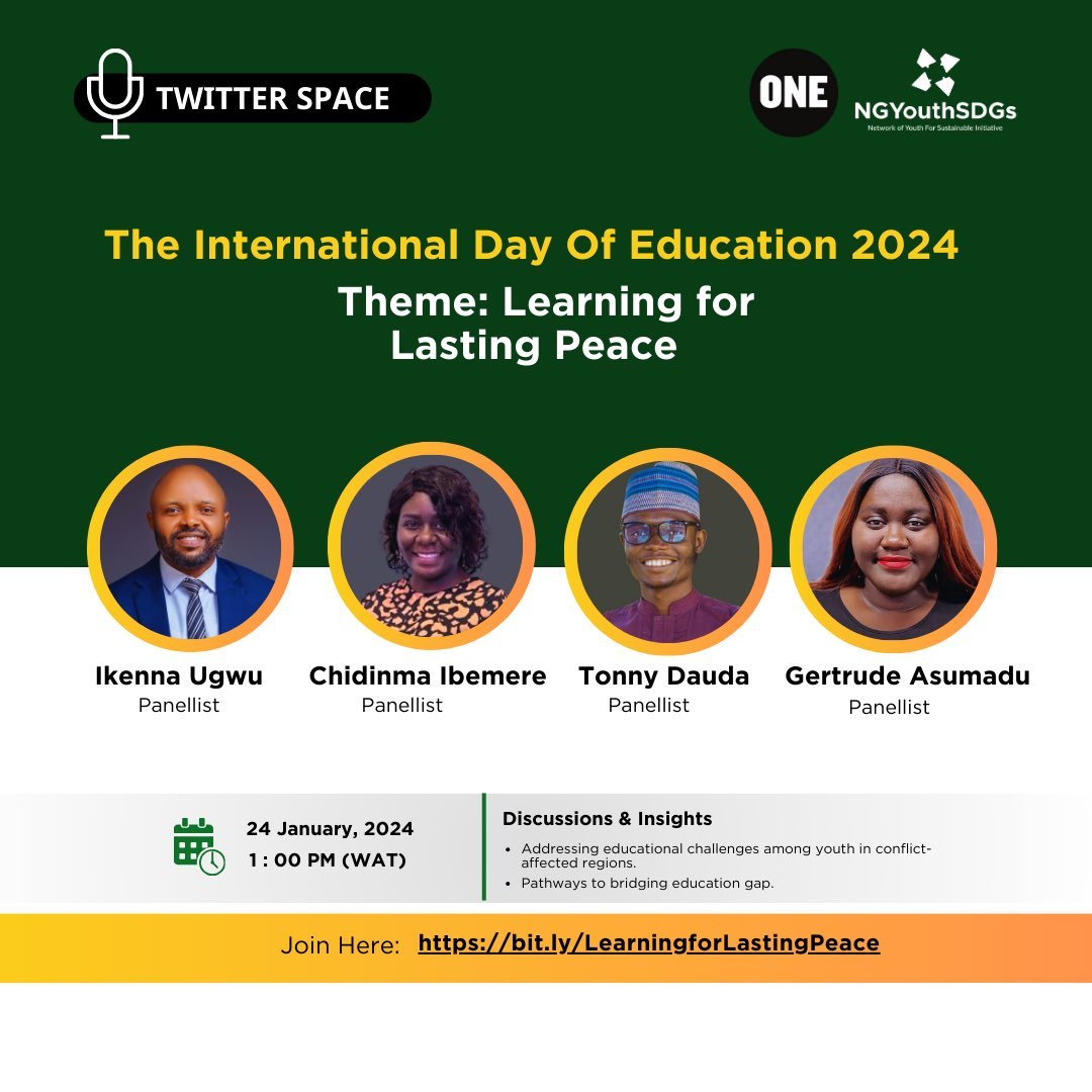 Is education the secret weapon for peace?

This crucial discussion between our UK Community Leaders and <a href="/ONEChampions/">ONE Champions</a> from Nigeria starts at 1PM WAT on Jan 24. 

Save your spot: x.com/i/spaces/1jMJg…