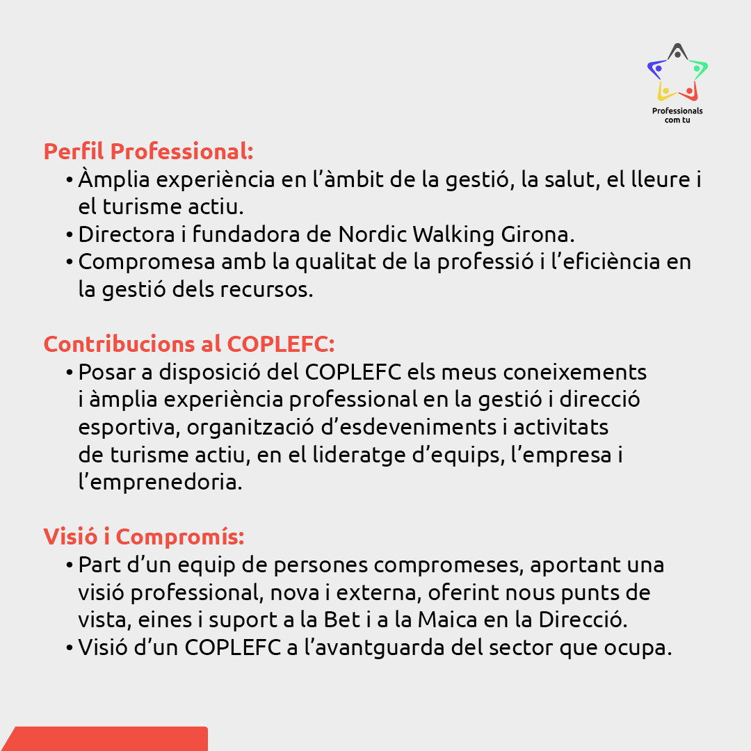 📢 Avui presentem a Cristina Borràs, la nostra Tesorera. Amb amplia experiència en gestió i turisme actiu, és una referent en eficiència i qualitat.

🌟 Estigues atent per conèixer més membres de l'equip!

#ProfessionalsComTu #COPLEFC2024 #CristinaBorràs #VotaEl31deGener 🗳️💪✨