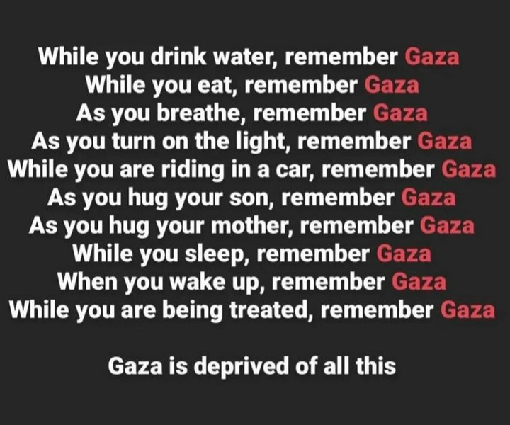 Souvenez-vous de #Gaza quand :
- vous buvez de l'eau pure,
- vous mangez à votre faim, 
- vous allumez la lumière,
- vous conduisez,
- vous embrassez vos enfants,
- vous dormez tranquillement,
- vous êtes soigné(e),
- quand vous utilisez vos pieds et vos mains...
#Gazagenocide‌