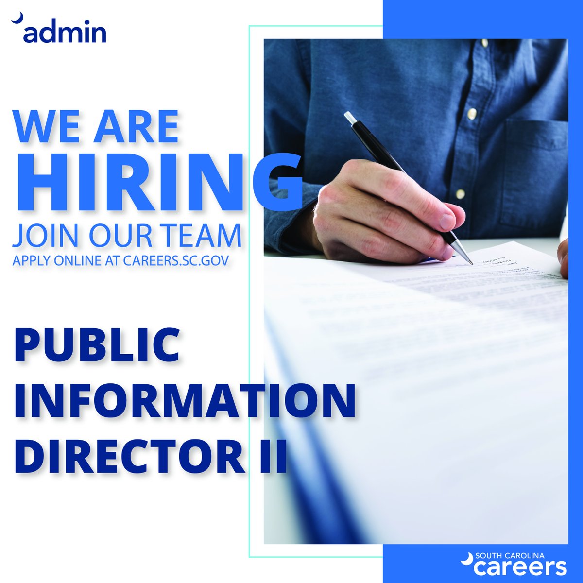 Are you an effective communicator, strong editor, creative thinker and team leader? If so, consider applying for the Public Information Director II position with the South Carolina Department of Administration! For more information and to apply, visit bit.ly/3Sm7Y88.