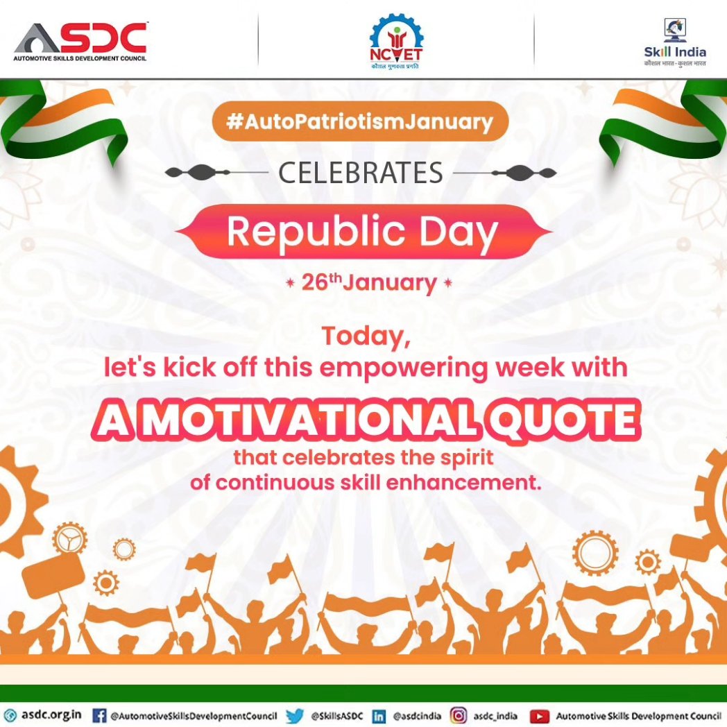 SkillsASDC's tweet photo. Ignite the flames of patriotism! Let's soar to new heights with inspiration and commitment this Republic Day.
#republicday #patriots #january #India #republicdayindia #socialmedia #follow #followers #Skills #Upskilling #Reskilling #India #asdc #Trainers #SkilledTrainers https://t.co/wcil1nvDyi