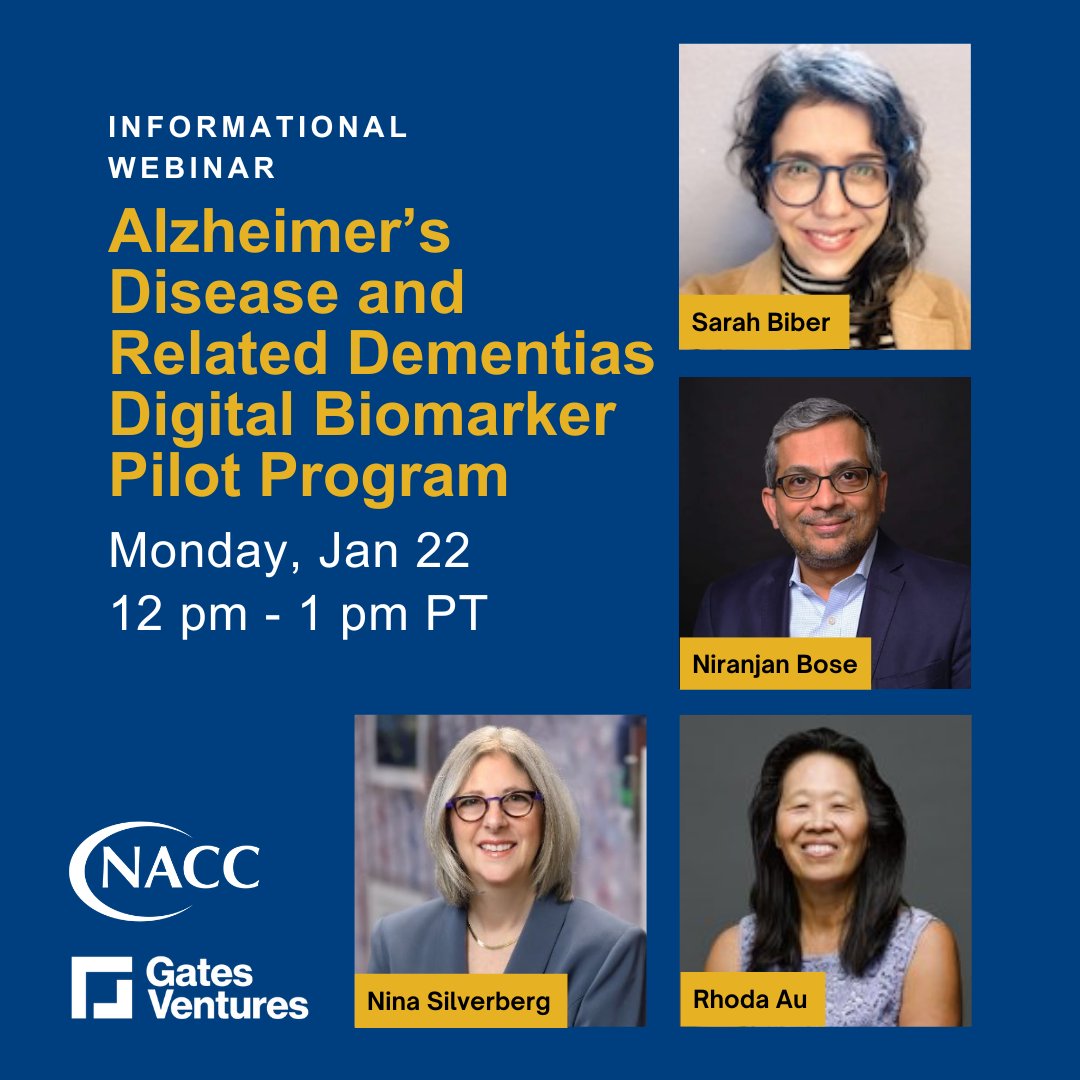 LAST CHANCE: Register now to learn more about our NEW AWARD that supports leveraging digital tools to validate #biomarkers in #Alzheimers disease research. @naccdata @billgates #webinar #digitalbiomarker #biotech #funding go.naccdata.org/jan22-digital-…