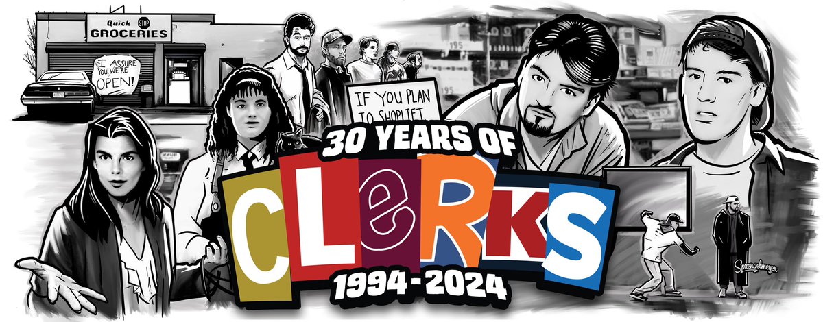 ThatKevinSmith's tweet photo. HAPPY CLERKS DAY!
Ready to feel old?
My first film debuted at the Sundance Film Festival 30 years ago today!
So if you ever wanted to stop me or my career, send a Terminator there now! (Or you can spend $30 at https://t.co/eK1KQPfxvz and we’ll throw in a Clerks t-shirt for free!) https://t.co/k9hGJVPoFE