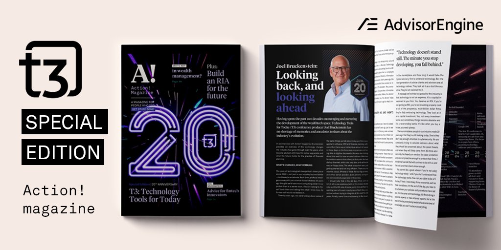 Congrats to <a href="/FinTechie/">Joel Bruckenstein</a> on 20 years of T3! 💥 We published a special edition of Action! magazine to celebrate the milestone.

Find your copy in your #T32024 welcome bags and grab extras for your team at <a href="/AdvisorEngine/">AdvisorEngine</a>  booth 303.

Not at T3? Check out the articles inside 👇
