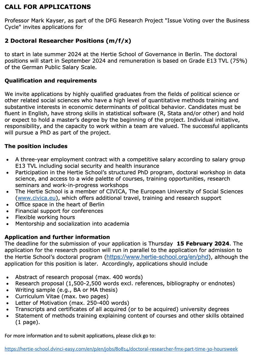 I am looking for two doctoral researchers for a 3-year DFG project, Issue Voting over the Business Cycle, @thehertieschool in Berlin. Application deadline: 15 Feb 2024. Please apply! hertie-school.dvinci-easy.com/en/p/en/jobs/8…