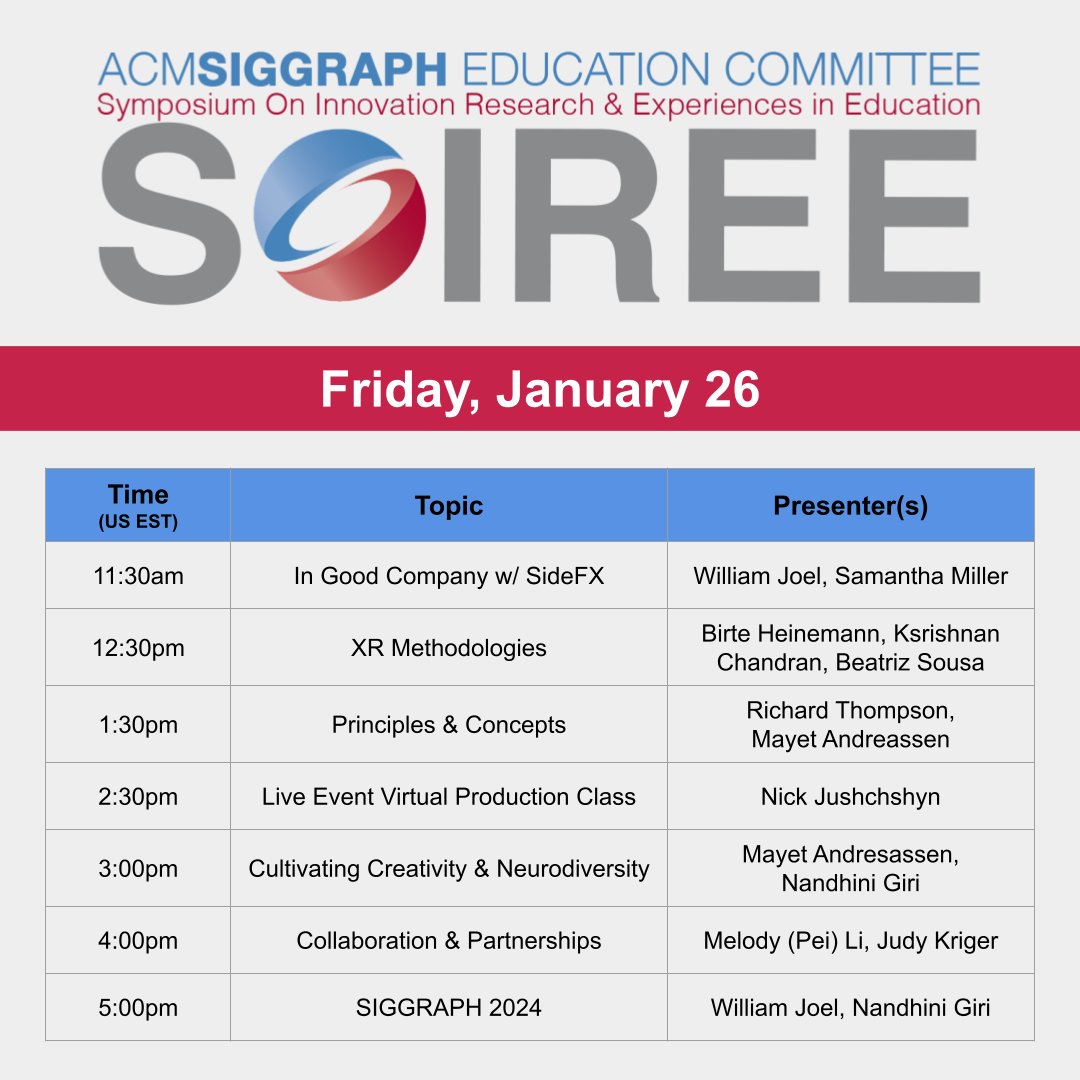 siggraphEdForum's tweet photo. THIS FRIDAY join fellow educators to network, discuss current classroom tech, and learn about the upcoming SIGGRAPH 2024 conference at the Symposium on Innovation, Research, and Experiences in Education (SOIREE) featuring presenters from around the world!

https://t.co/SsLSpFnyq2 https://t.co/oIpTFmnKlY